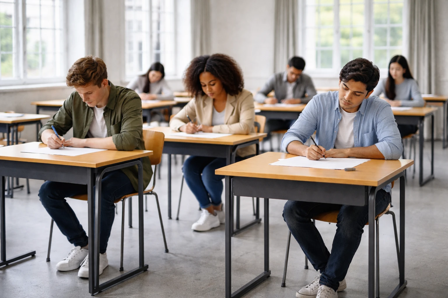 IELTS exam candidates seated at separate desks in a bright classroom